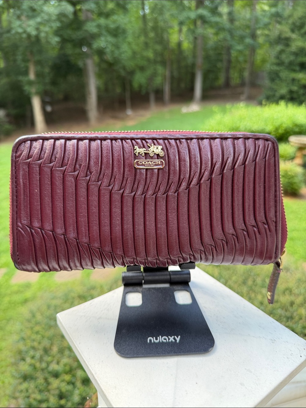 Coach Quilted Burgundy Zip-Around Leather Wallet with Gold Logo